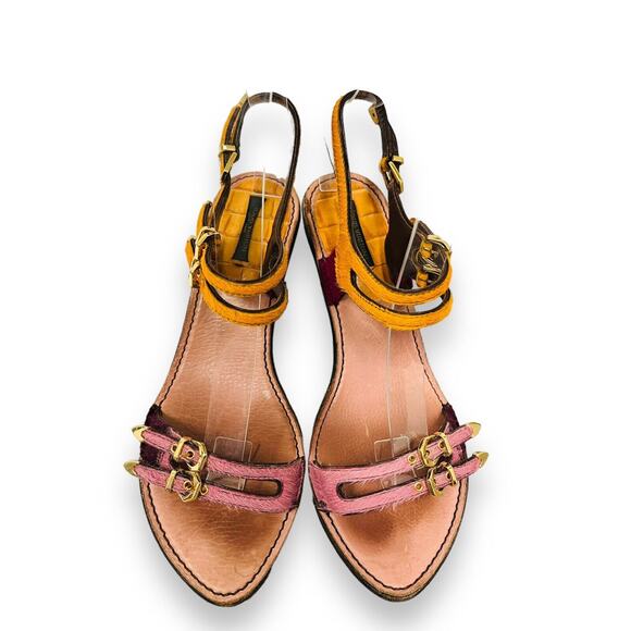 LOUIS VUITTON Pink Multicolor Ponyhair Buckle Accent Slingback Sandal Heels 37 - Picture 4 of 7